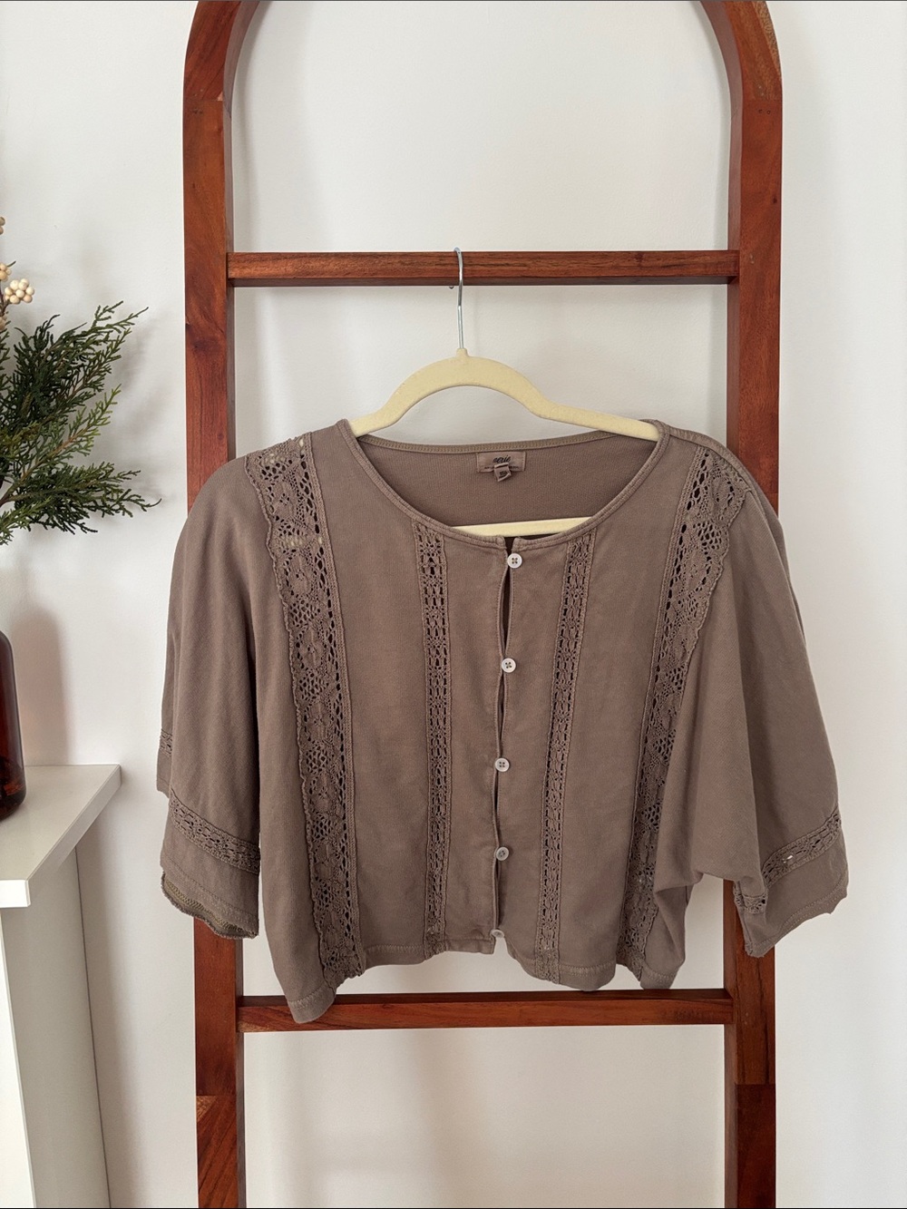 aerie Taupe Lace-Trim Button-Front Blouse